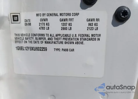 1999 Cadillac Eldorado Standard from USA, damaged, VIN 1G6EL12Y9XU602259